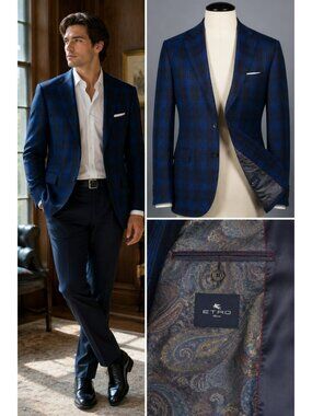 Etro Mens Blue Plaid Two-Button Sport Coat Blazer With Paisley Lining Size 50L M